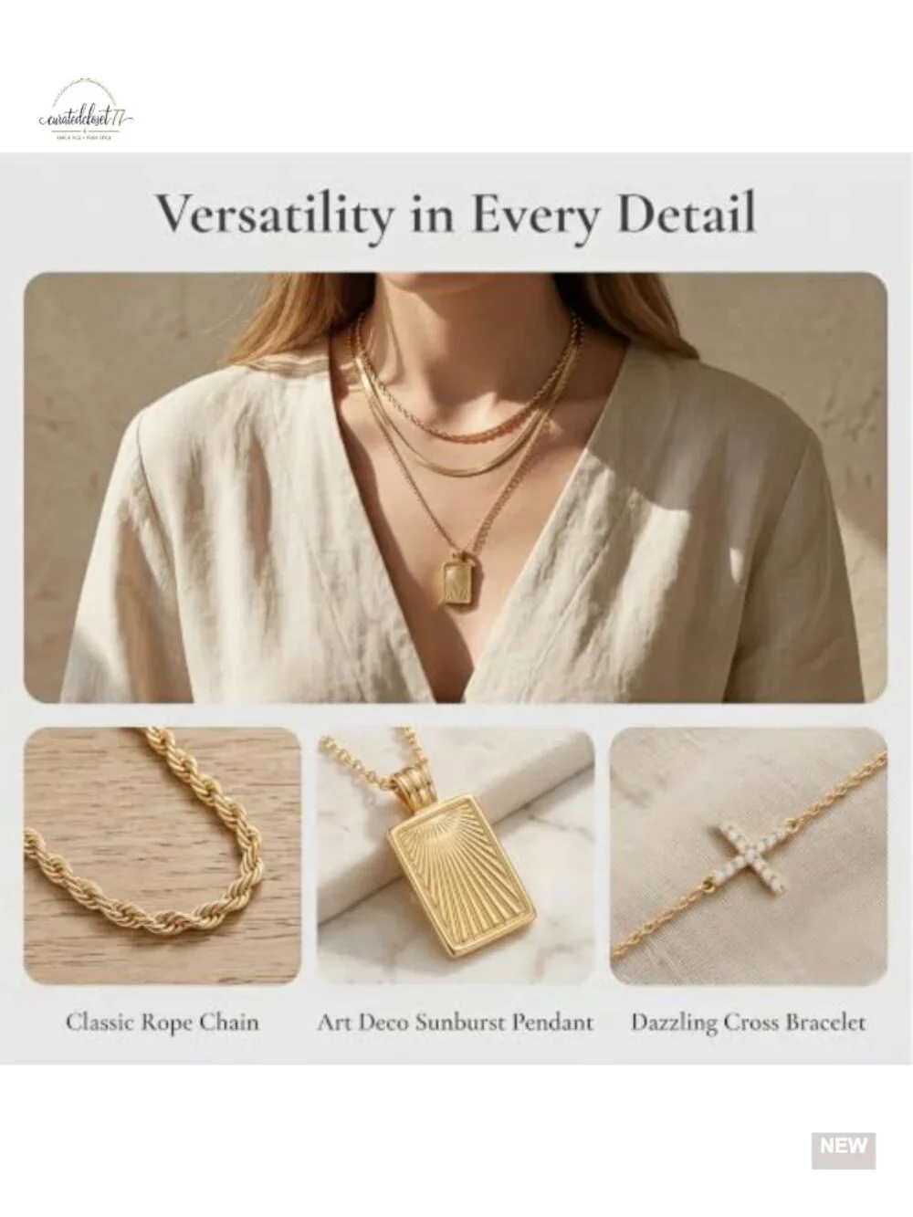 14K Gold Plated Layered Necklace & Bracelet Set, Dainty Pendant Necklace